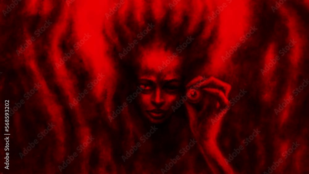 Evil witch demon holds her eye in hand 2D animation. Horror fantasy genre. Spooky visions of hell. Halloween dark ghost. Scary character from nightmares. Gloomy video clip. Black and red background. Evil witch demon holds her eye in hand 2D animation. Horror fantasy genre. Spooky visions of hell. Halloween dark ghost. Scary character from nightmares. Gloomy video clip. Black and red background.