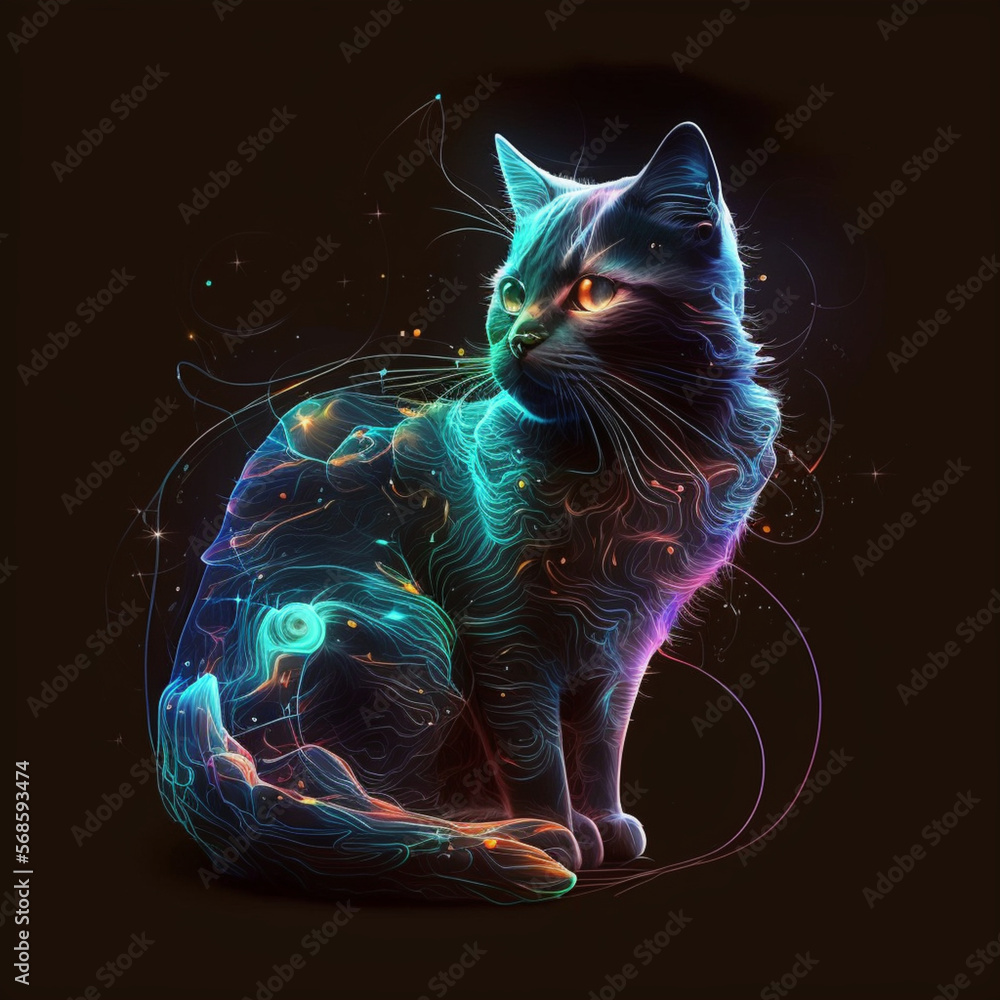 cat on black, cat with neon lights, Generative AI