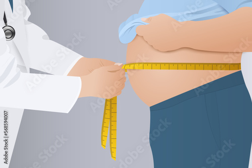 Doctor measuring obesity male body fat waist. Obesity and weight loss