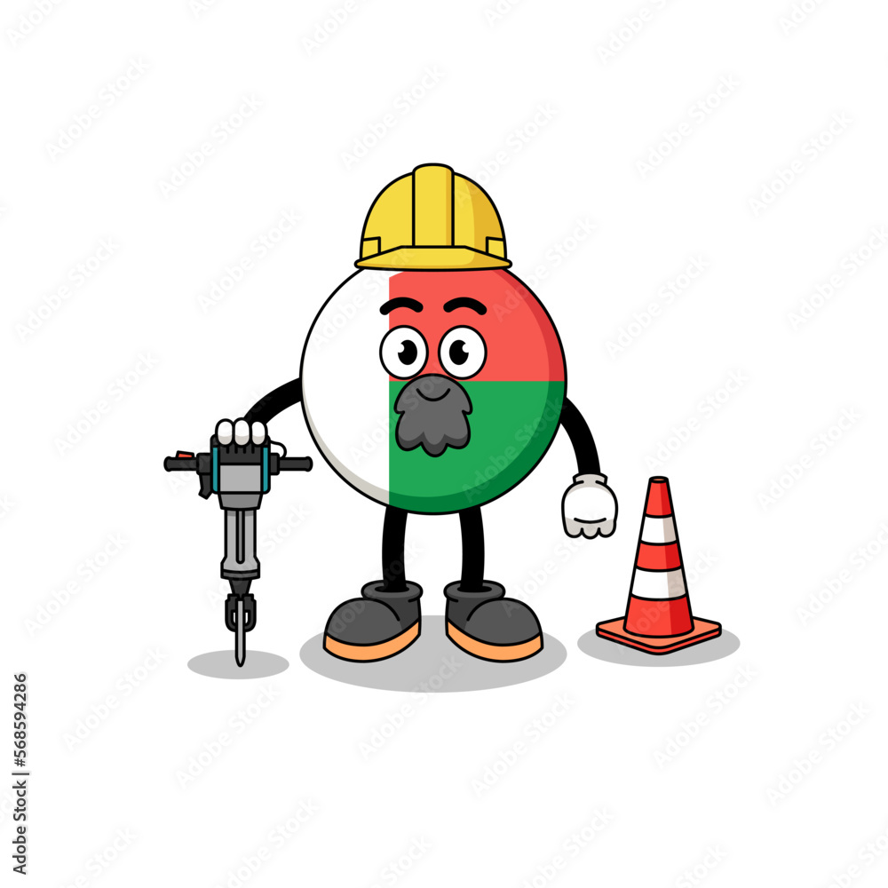 Character cartoon of madagascar flag working on road construction
