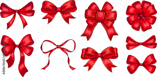 Set of red sketched bow and ribbon. Hand drawn vintage line art vector illustration.
