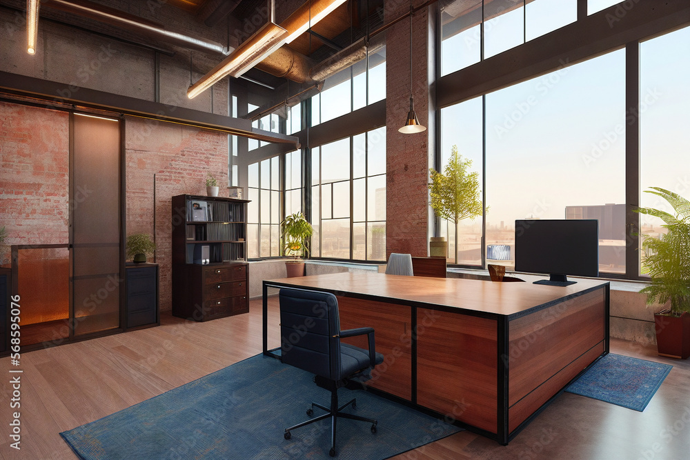 Modern office, loft style, spacious open space for work, empty offices concept, generative ai Modern office, loft style, spacious open space for work, empty offices concept, generative ai