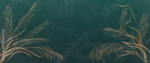 Art background in green color with golden grass hand drawn in line style. Botanical banner for decoration design, print, wallpaper, interior design, packaging, textile.