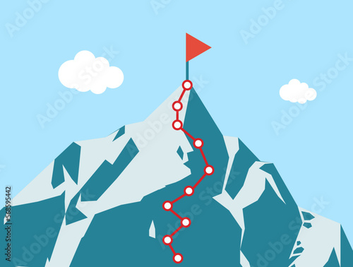 Mountain climbing route to peak with red flag on top in flat style 