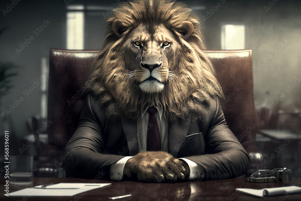Lion wearing business suit in office, man boss with head of animal …