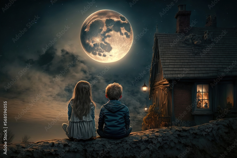 Children sitting on roof at night, little boy and girl looks at moon in ...