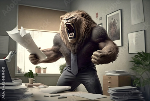 Man as lion is furious in office, mad strong boss with head of animal, generative AI