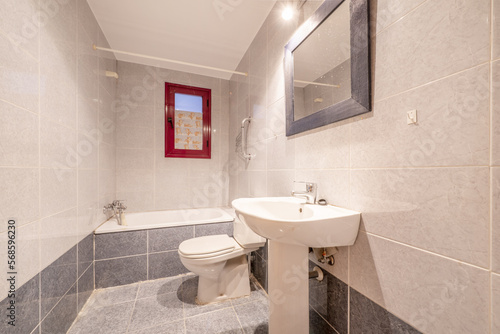 bathroom with bathtub  mirror with rectangular frame attached to the wall  two-tone tiles and white toilets
