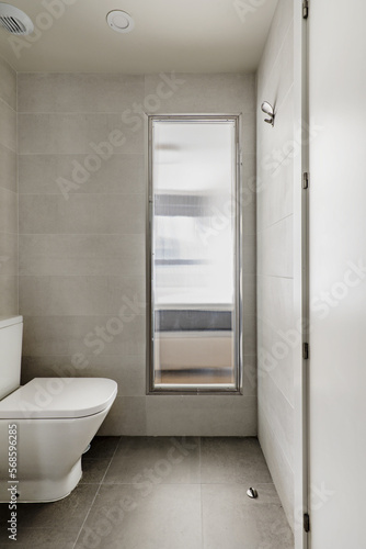 Toilet with toilet next to a rectangular translucent glass skylight