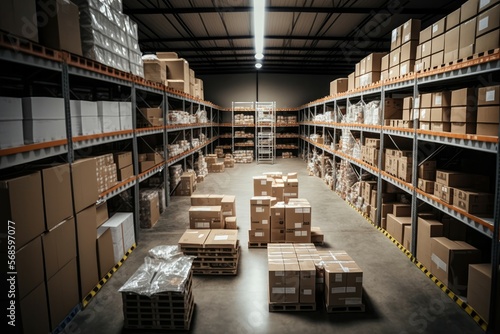 Large clean warehouse with shelfs, cardboard boxes and products. Generative AI