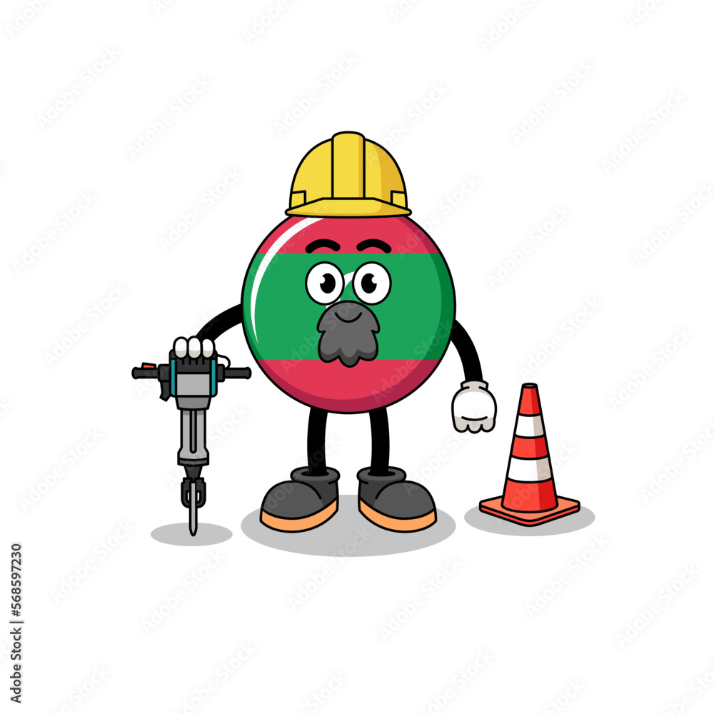 Character cartoon of maldives flag working on road construction