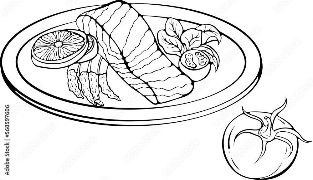 Still life with salmon fillet with vegetables on a plate. Vector