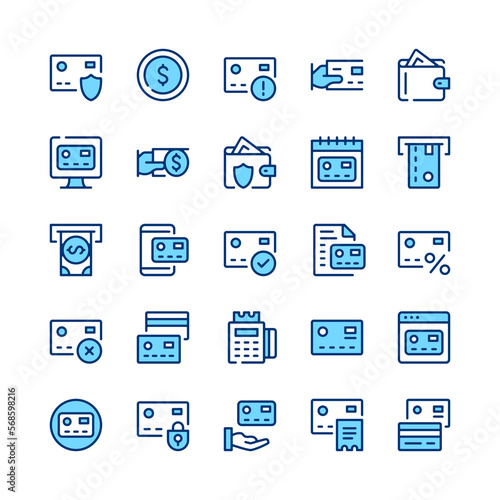 Credit card line icons. Set of credit card icons. Blue color. Vector line icons set