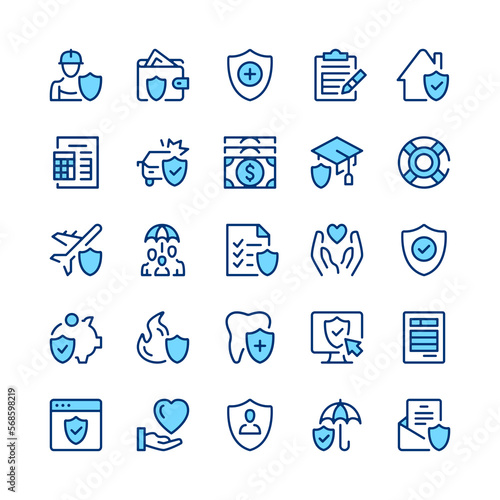 Insurance line icons. Set of insurance icons. Blue color. Vector line icons set