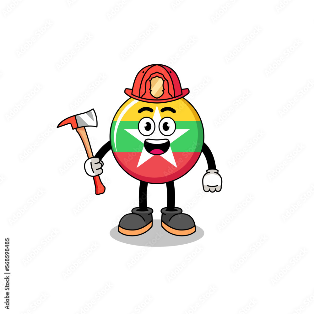 Cartoon mascot of myanmar flag firefighter