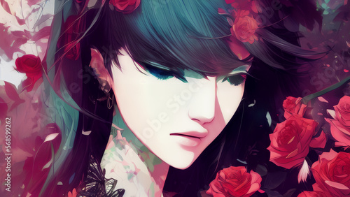 Stylized portrait illustration of a woman surrounded by red roses. Generative AI