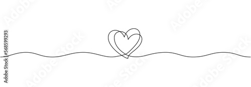 One continuous line drawing of couple hearts and love symbol. Thin curl border and romantic symbol in simple linear style. Editable stroke. Modern Doodle vector illustration