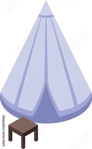 Downshifting travel tent icon isometric vector. Laptop work. Summer escape