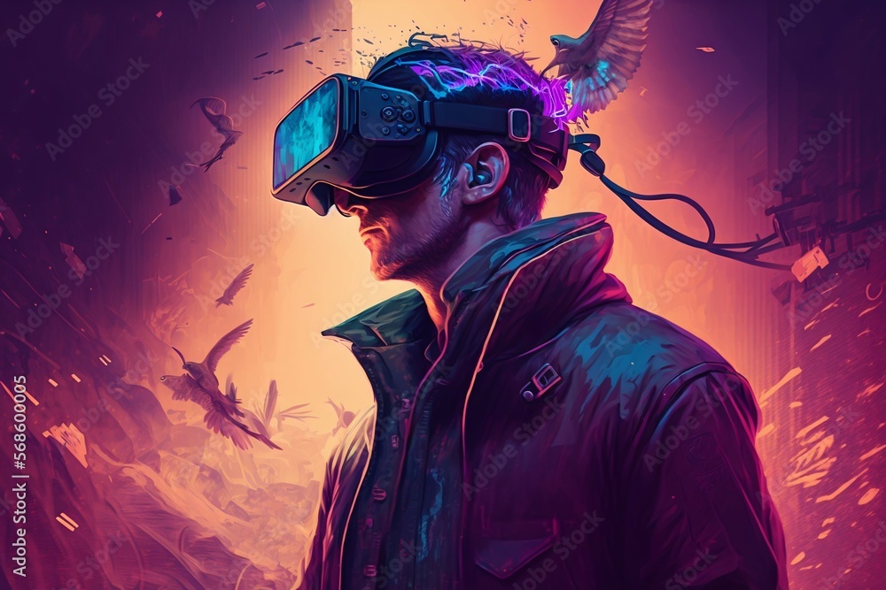 Man with VR headset in metaverse. Generative AI Man with VR headset in metaverse. Generative AI