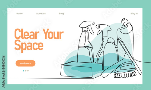 Home cleaning service landing page design concept, illustration of janitors with cleaning tools. Vector illustration