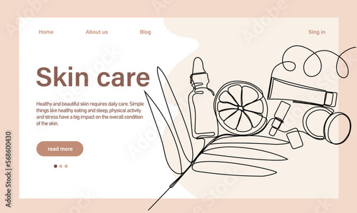 Skin care concept. Landing page template. Morning routine. Bath time. Organic products for scrubbing and body skin care with natural herbal skin care products, top view. Vector illustration