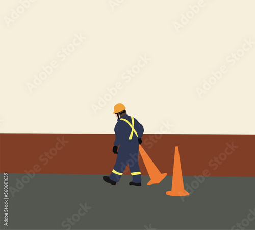 Worker with uniform and safety equipment move traffic cone for road construction. Street resurfacing. Fresh asphalt construction. Bad road