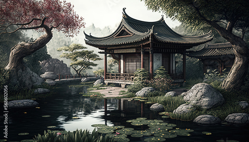 Chinese Country Garden. China. Asia. Tradicional. Architecture. Illustration. Generative AI.