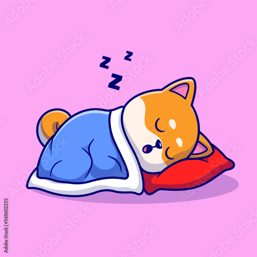 Cute Shiba Inu Dog Sleeping With Pillow And Blanket Cartoon
Vector Icon Illustration. Animal Nature Icon Concept Isolated 
Premium Vector. Flat Cartoon Style