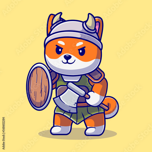 Cute Shiba Inu Dog Knight Viking Cartoon Vector Icon 
Illustration. Animal Fashion Icon Concept Isolated Premium 
Vector. Flat Cartoon Style