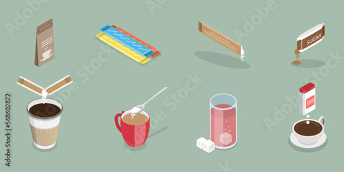 3D Isometric Flat Vector Icon of Sugar Packs Set, Disposable Packaging Bundle