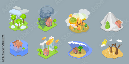 3D Isometric Flat Vector Conceptual Illustration of Climate Change, Natural Disasters Set