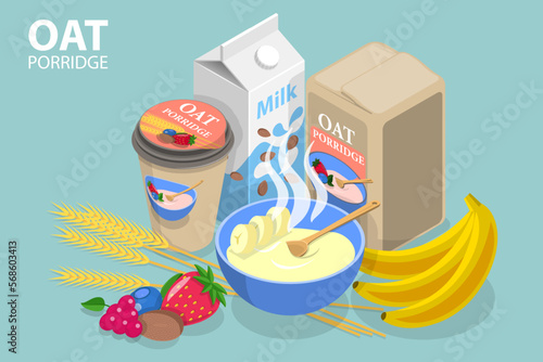 3D Isometric Flat Vector Conceptual Illustration of Oat Porridge, Healthy Oatmeal Breakfast