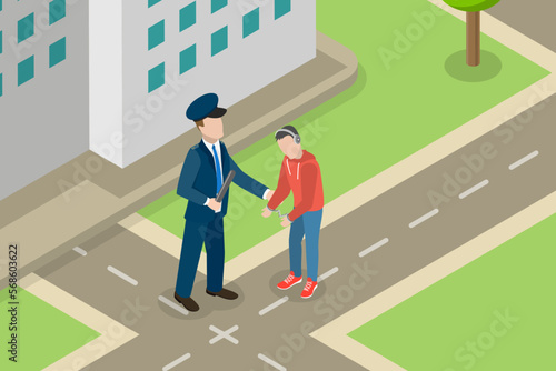 3D Isometric Flat Vector Conceptual Illustration of Teen Criminal, a Policeman Arrested a Young Criminal