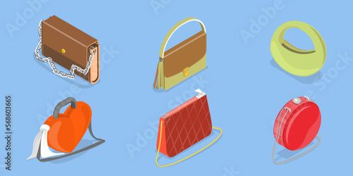 3D Isometric Flat Vector Icon of Handbags Set, Stylish Women Bags