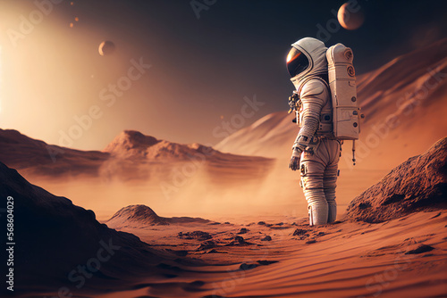 An astronaut on an alien planet. A high-tech astronaut looking out on deserted alien world. The concept of space travel and exploration. Generative AI © DCP