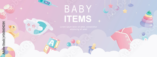 Baby items horizontal web banner. Kid toys, booties, diapers, ball, pacifier, bodysuit, pyramid and other newborn elements. Vector illustration for header website, cover templates in modern design