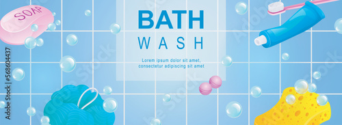 Bath wash horizontal web banner. Bubbles foam, soap, sponge, toothpaste, toothbrush and other hygiene products in bathroom. Vector illustration for header website, cover templates in modern design
