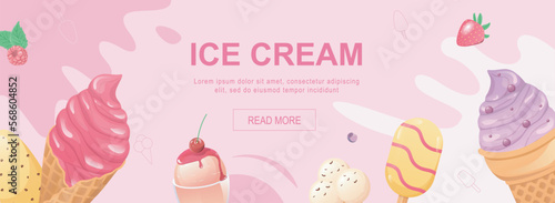 Ice cream horizontal web banner. Colored sweet cold desserts in waffle cups, ice lolly and gelato with topping and berries. Vector illustration for header website, cover templates in modern design