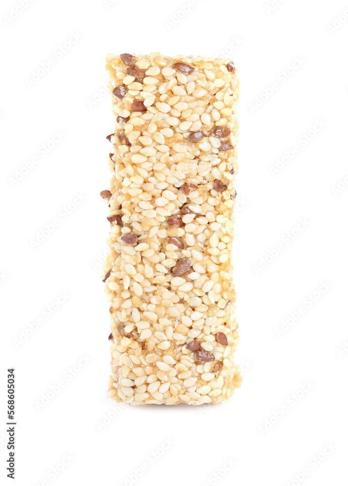Tasty sesame seed bar isolated on white Tasty sesame seed bar isolated on white