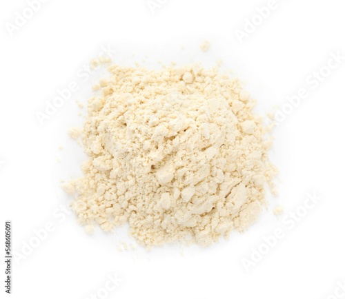 Pile of chickpea flour isolated on white, top view