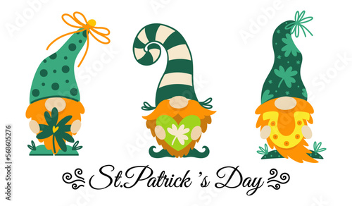 Cute holiday gnomes. Set of vector illustrations. Red-bearded elves for good luck. Irish dwarves in stocking caps. Leprechauns with a heart, a clover leaf, a horseshoe. St. Patrick's Day clipart