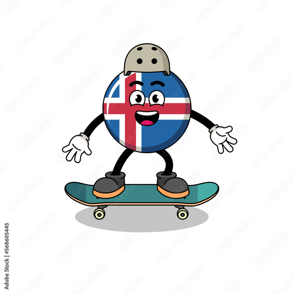 iceland flag mascot playing a skateboard