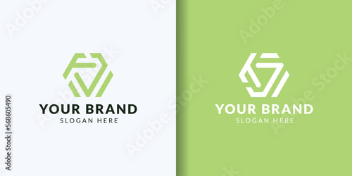Abstract letter T arrow vector logotype. Simple hexagon and leaf line creative logo design template