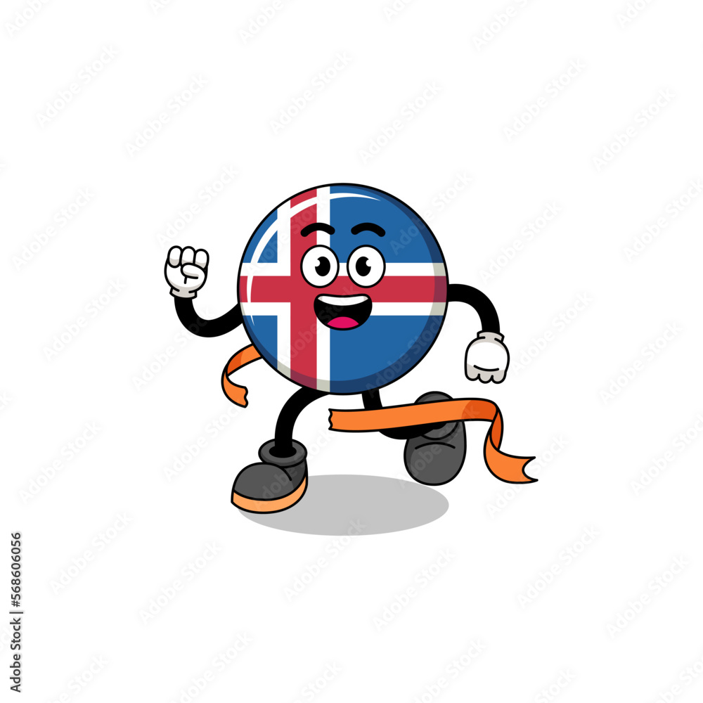 Mascot cartoon of iceland flag running on finish line