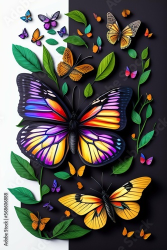 Butterflies and wildflowers on pale black paper. Generative AI