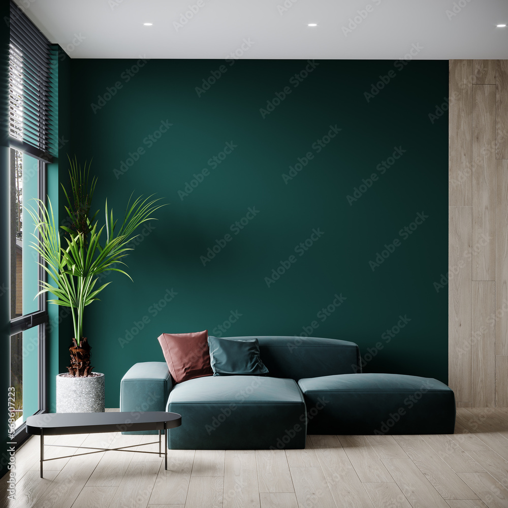 Livingroom mockup with a dark green sofa and emerald color walls. Empty
