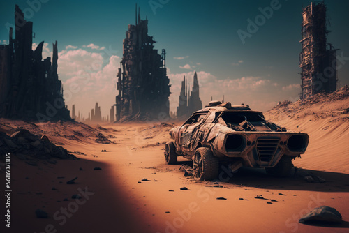 Car in desert, inspired post apocalyptic, landscape, generative ai © VicenSanh
