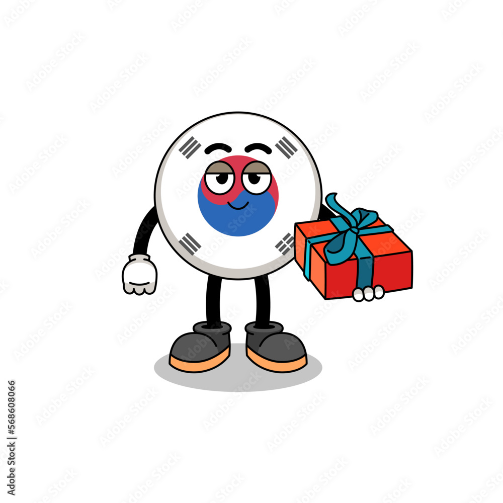 south korea flag mascot illustration giving a gift