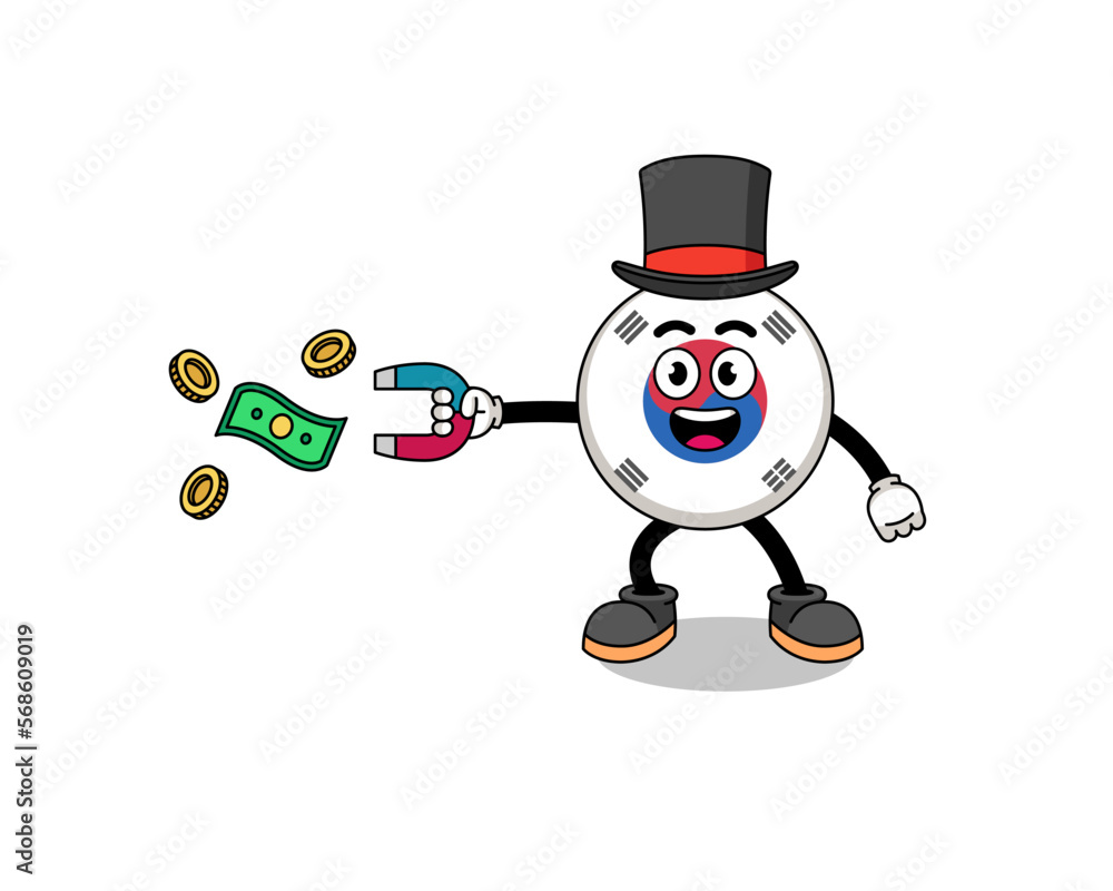 Character Illustration of south korea flag catching money with a magnet Character Illustration of south korea flag catching money with a magnet