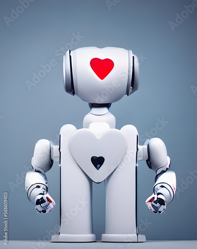 A forlorn robot holds a heart, symbolizing unrequited love. Futurism, Robots, Longing concept created with generative AI. photo